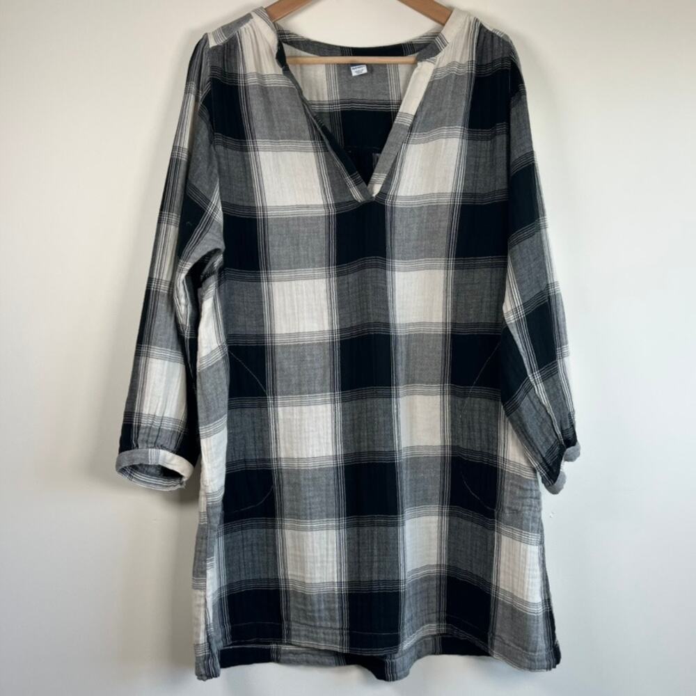 Old Navy Plaid Dress Cotton Split Neck Long Sleeve Pockets Black White Medium